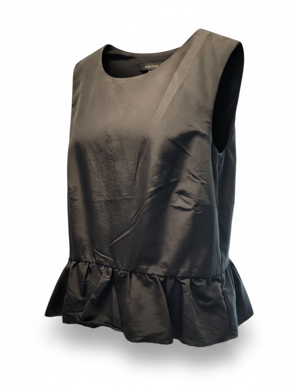 Black Satin Peplum Top Open Back Bow Tie Sleeveless Blouse Size L NWT
